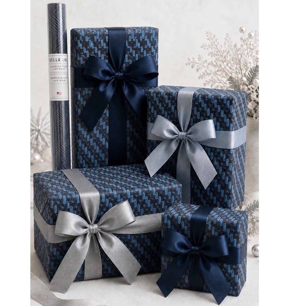 Bella Lux Luxe Heavy Weight Gift Wrap Navy Blue Herringbone 30" x 12' USA Made